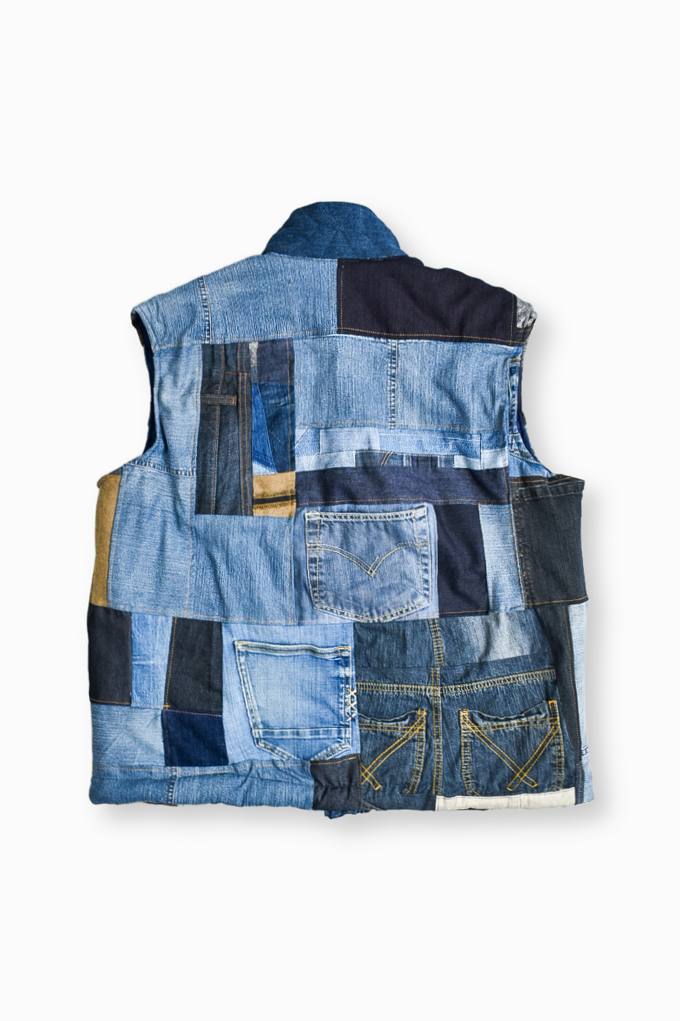 Sustainable handcrafted patchwork denim bodyvest by IFdenim-clothes, showing detailed patchwork design and fit on a model.