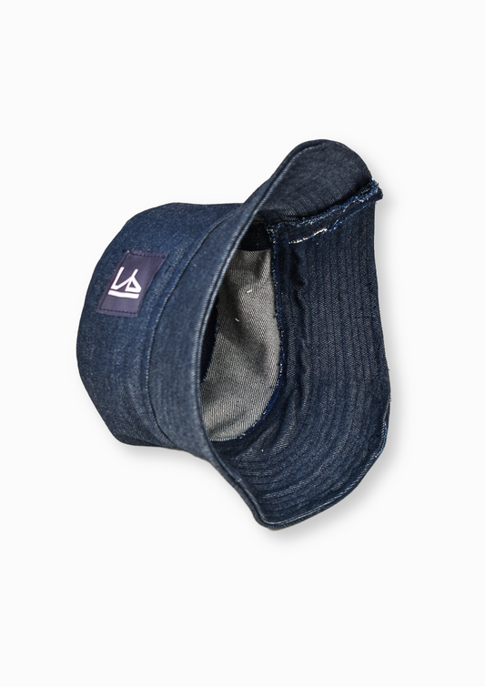 Blue denim bucket hat from JEANS CENTRE x IF DENIM featuring a casual, wide-brim design and visible stitching.