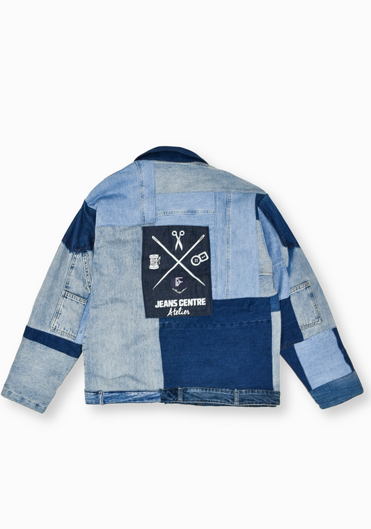 Light blue patchwork denim jacket from IFdenim-clothes, featuring a stylish, fitted design with visible stitching and classic collar.