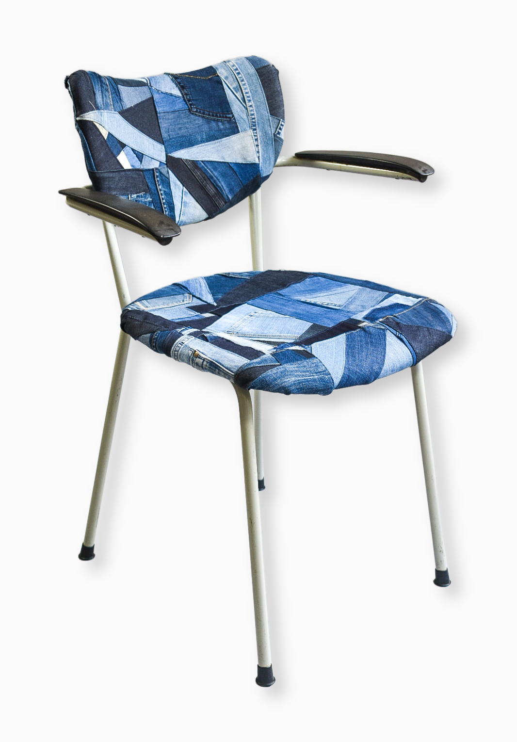 Vintage 1960s school chair by IF DENIM, handcrafted with sustainable denim fabric, featuring a classic wooden frame and retro design.