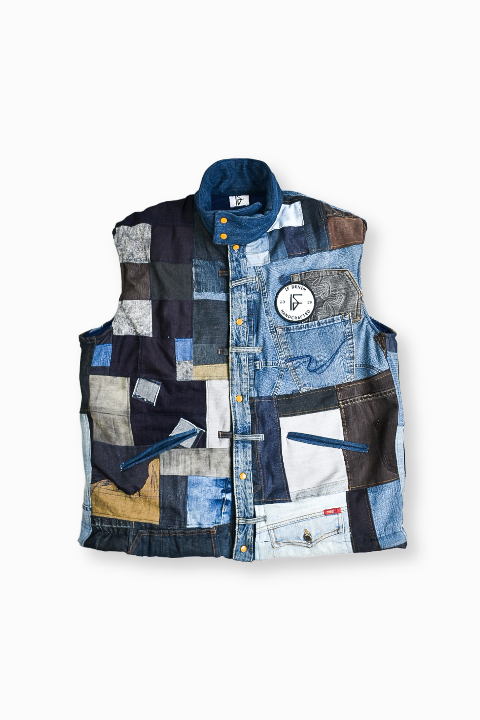 Sustainable handcrafted patchwork bodyvest in denim from IFdenim, featuring a fitted design and mixed fabric patches.