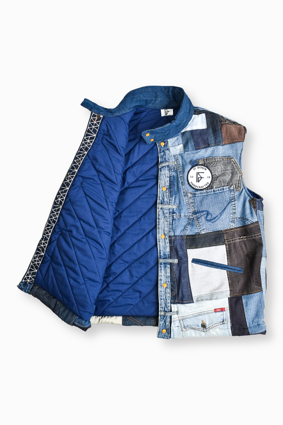 Sustainable handcrafted patchwork bodyvest by IFdenim-clothes featuring colorful denim patches and a fitted design.