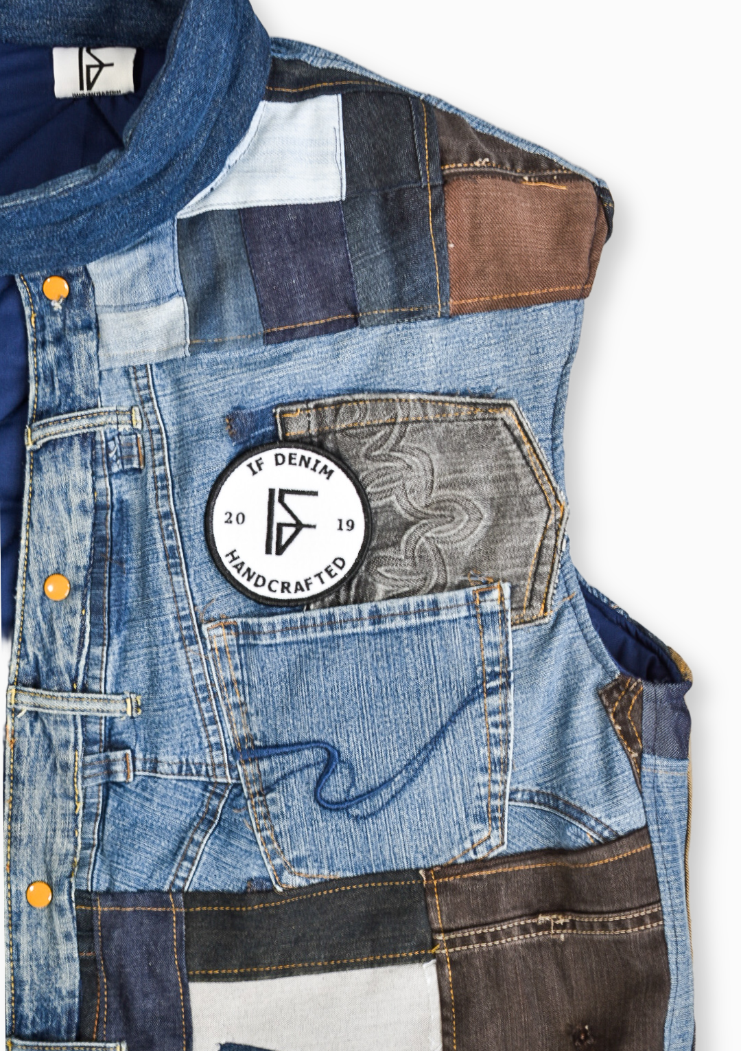 Sustainable handcrafted patchwork bodyvest by IFdenim-clothes featuring mixed denim fabric and intricate patchwork design.