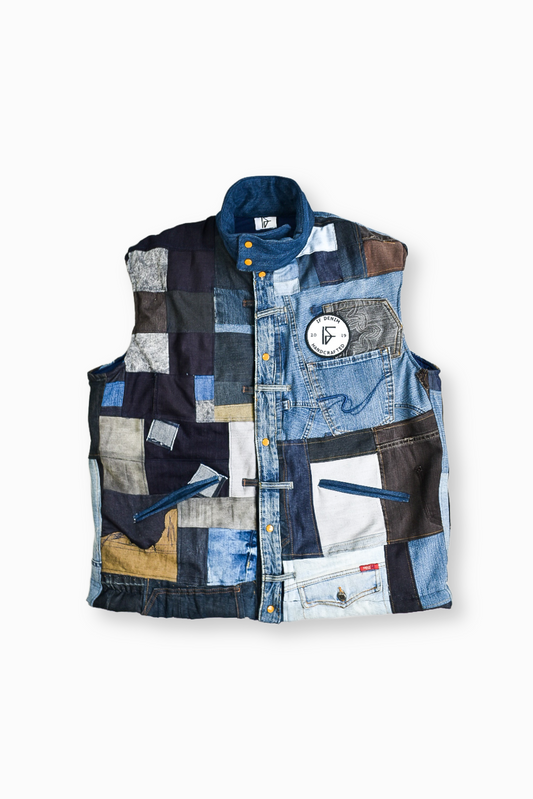 Sustainable handcrafted patchwork bodyvest in denim from IFdenim, featuring a fitted design and mixed fabric patches.