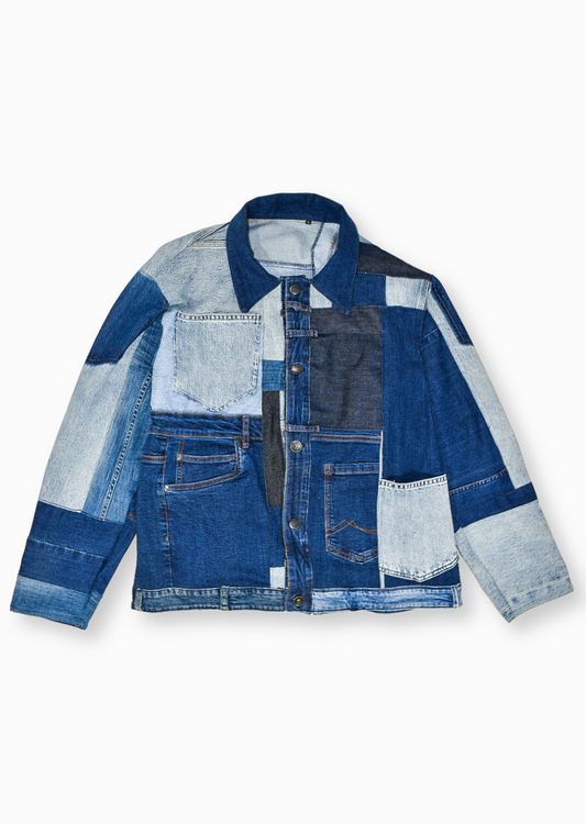 Patchwork denim jacket by IFdenim-clothes from JEANS CENTRE X IF DENIM collection, shown in a close-up image.