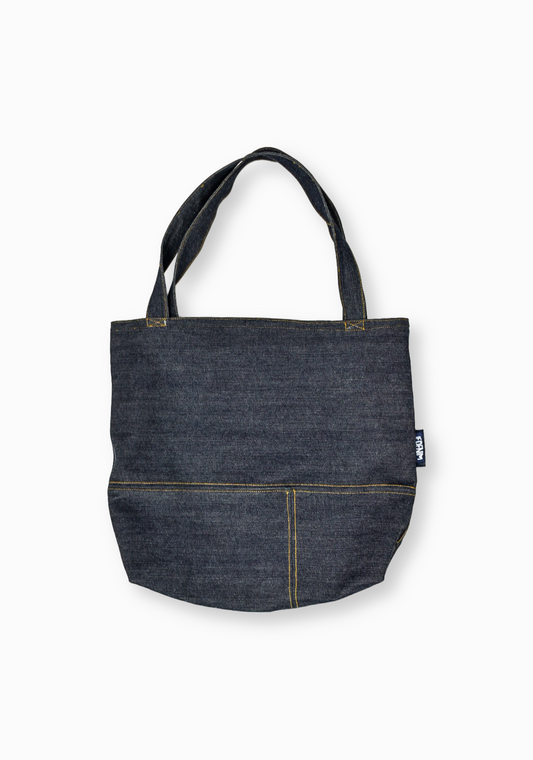Black tote bag with JEANS CENTRE X IF DENIM logo, made of durable fabric, featuring sturdy handles and spacious interior.