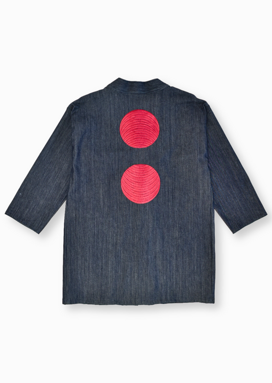 Blue TEGENDRAADS x IF DENIM kimono with wide sleeves and traditional design, displayed on a plain background.